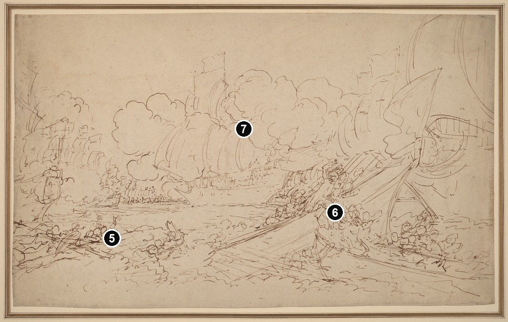Annotated details from Study for The Battle of La Hogue (recto), 1778 by Benjamin West